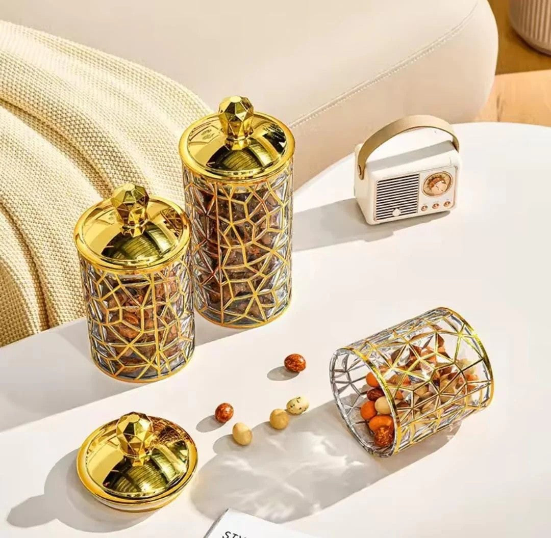 Set Of 3 Transparent Sealed Arabian Style Jar With Golden Lid, Dried Fruit Multifunctional Storage Jar