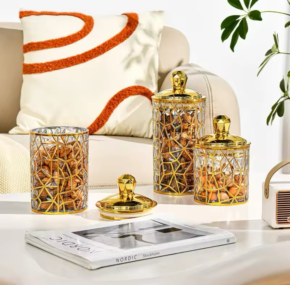 Set Of 3 Transparent Sealed Arabian Style Jar With Golden Lid, Dried Fruit Multifunctional Storage Jar